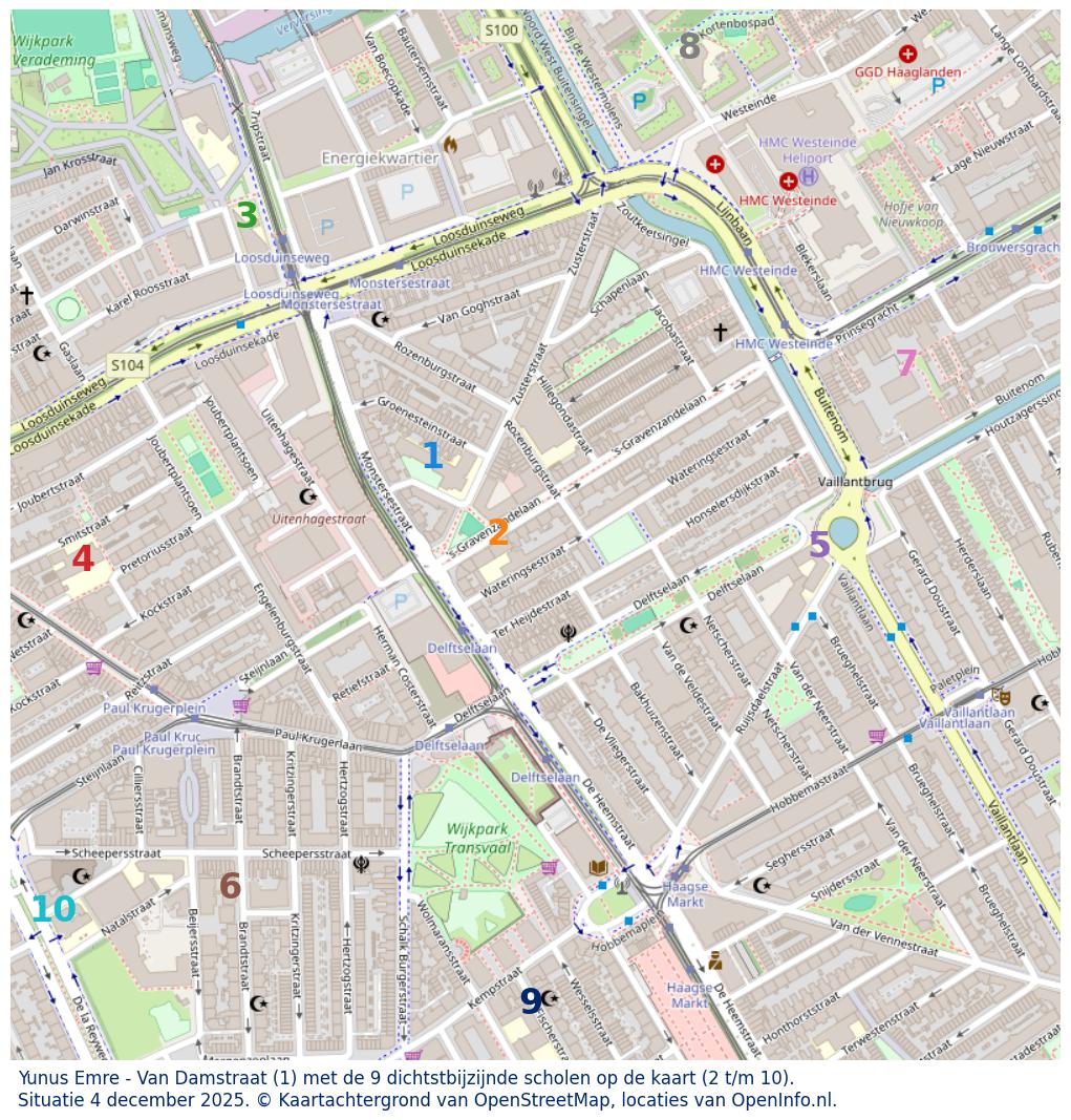 Kaart van de school met de tien dichtsbijzijnde scholen. Hierbij zijn de scholen genummerd van 1 tot en met 10. Nummer 1 is toegekend aan de schoolvestiging zelf: Yunus Emre - Van Damstraat.