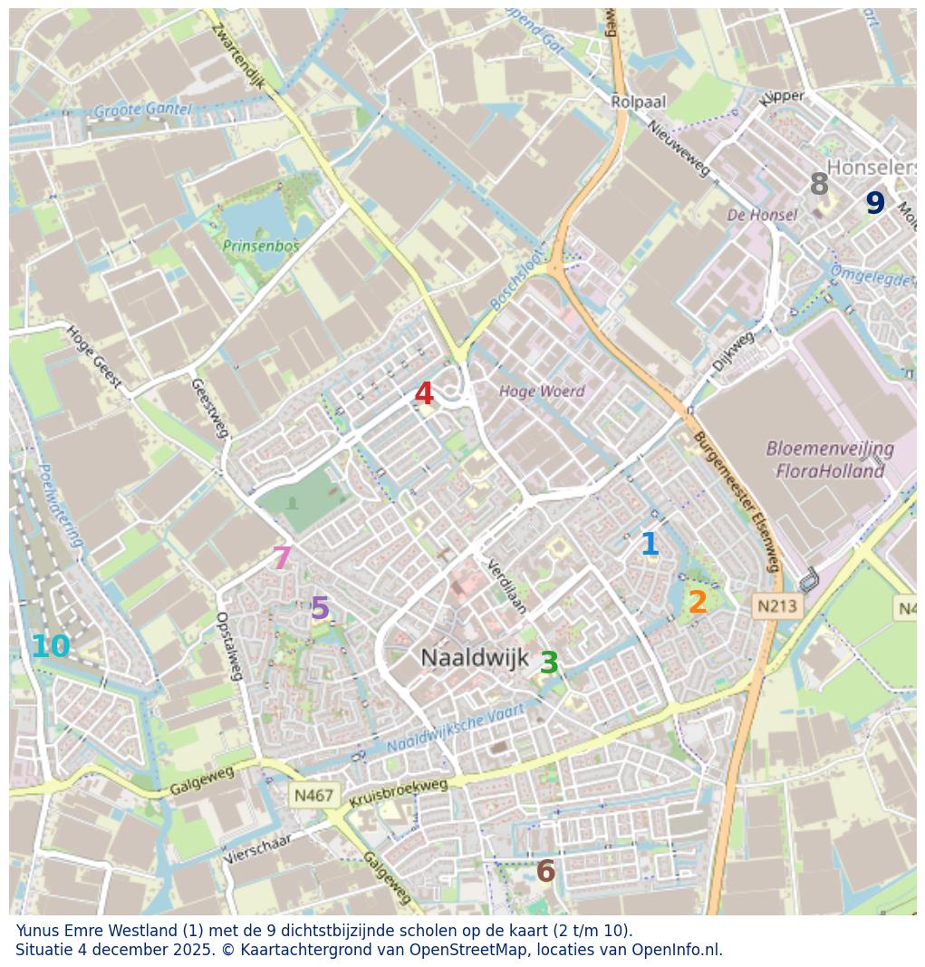 Kaart van de school met de tien dichtsbijzijnde scholen. Hierbij zijn de scholen genummerd van 1 tot en met 10. Nummer 1 is toegekend aan de schoolvestiging zelf: Yunus Emre Westland.