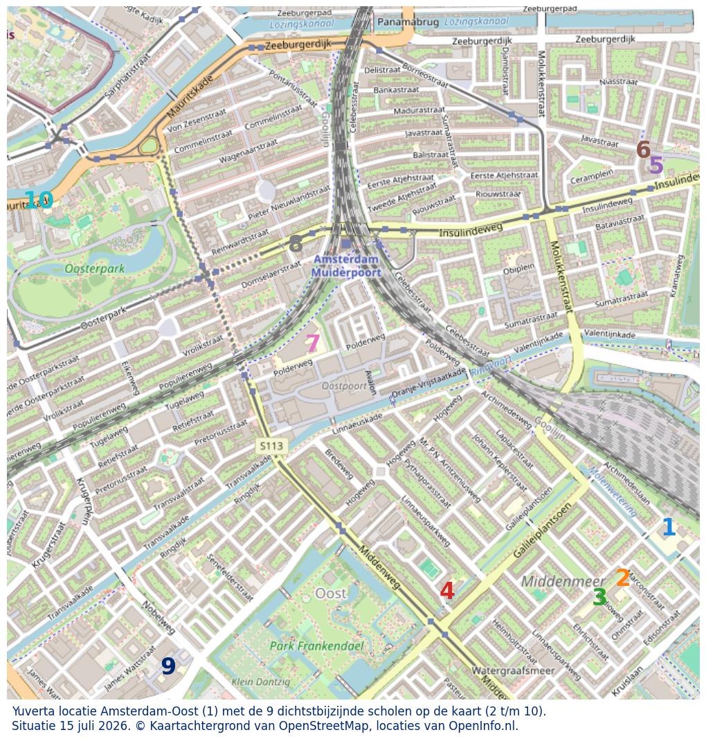 Kaart van de school met de tien dichtsbijzijnde scholen. Hierbij zijn de scholen genummerd van 1 tot en met 10. Nummer 1 is toegekend aan de schoolvestiging zelf: Yuverta locatie Amsterdam-Oost.