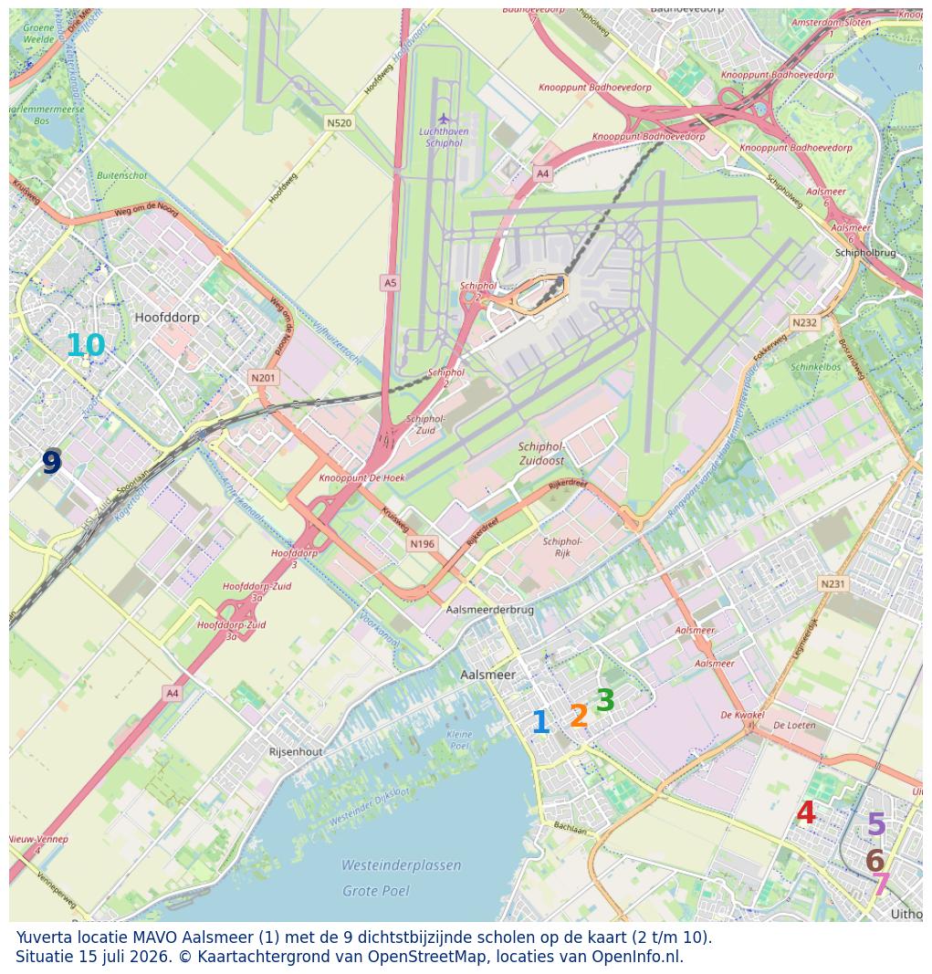 Kaart van de school met de tien dichtsbijzijnde scholen. Hierbij zijn de scholen genummerd van 1 tot en met 10. Nummer 1 is toegekend aan de schoolvestiging zelf: Yuverta locatie MAVO Aalsmeer.