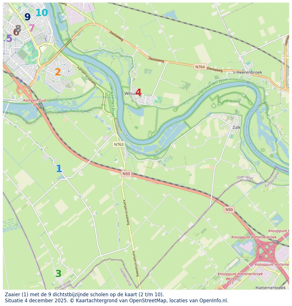 Kaart van de school met de tien dichtsbijzijnde scholen. Hierbij zijn de scholen genummerd van 1 tot en met 10. Nummer 1 is toegekend aan de schoolvestiging zelf: Zaaier.
