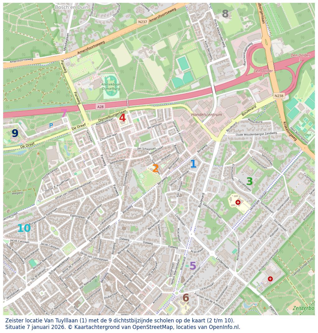Kaart van de school met de tien dichtsbijzijnde scholen. Hierbij zijn de scholen genummerd van 1 tot en met 10. Nummer 1 is toegekend aan de schoolvestiging zelf: Zeister locatie Van Tuylllaan.