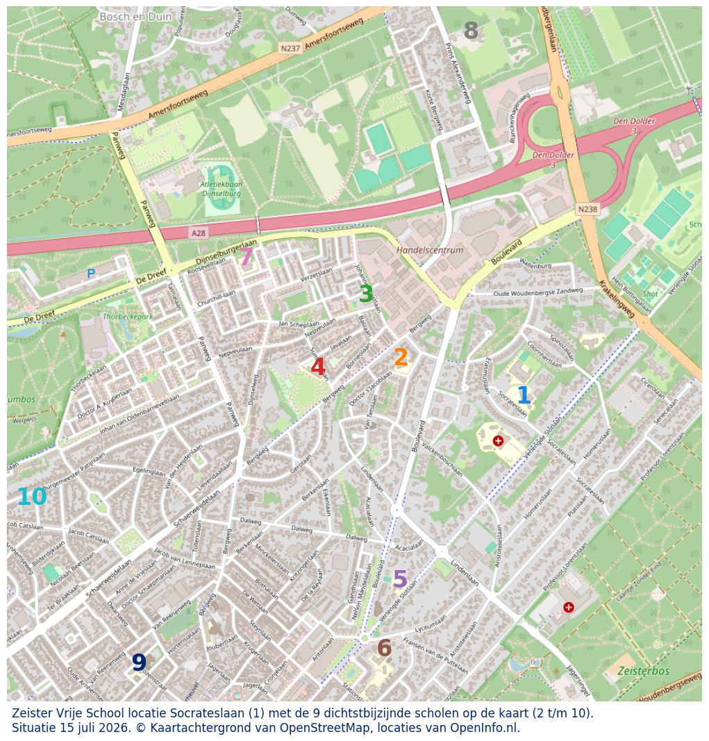 Kaart van de school met de tien dichtsbijzijnde scholen. Hierbij zijn de scholen genummerd van 1 tot en met 10. Nummer 1 is toegekend aan de schoolvestiging zelf: Zeister Vrije School locatie Socrateslaan.