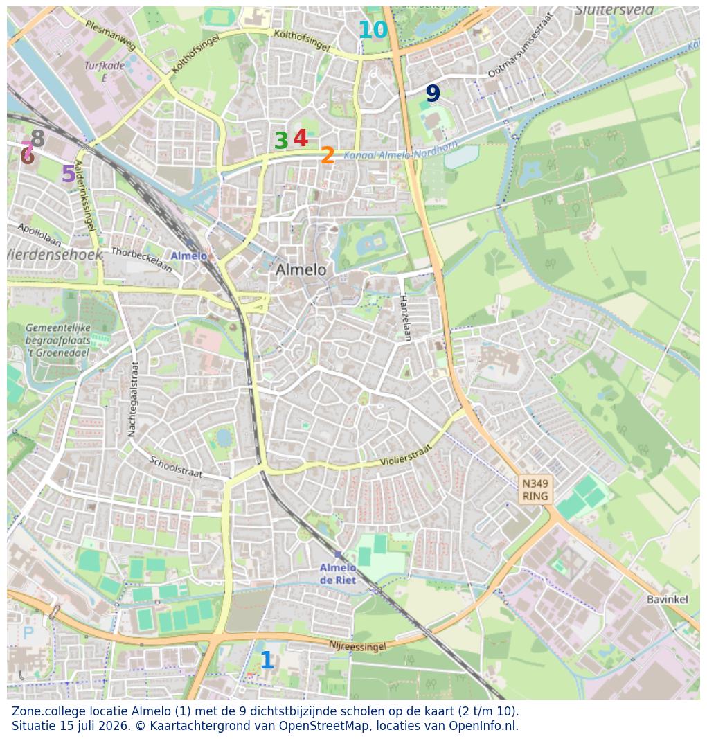 Kaart van de school met de tien dichtsbijzijnde scholen. Hierbij zijn de scholen genummerd van 1 tot en met 10. Nummer 1 is toegekend aan de schoolvestiging zelf: Zone.college locatie Almelo.