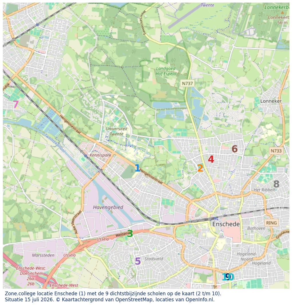 Kaart van de school met de tien dichtsbijzijnde scholen. Hierbij zijn de scholen genummerd van 1 tot en met 10. Nummer 1 is toegekend aan de schoolvestiging zelf: Zone.college locatie Enschede.