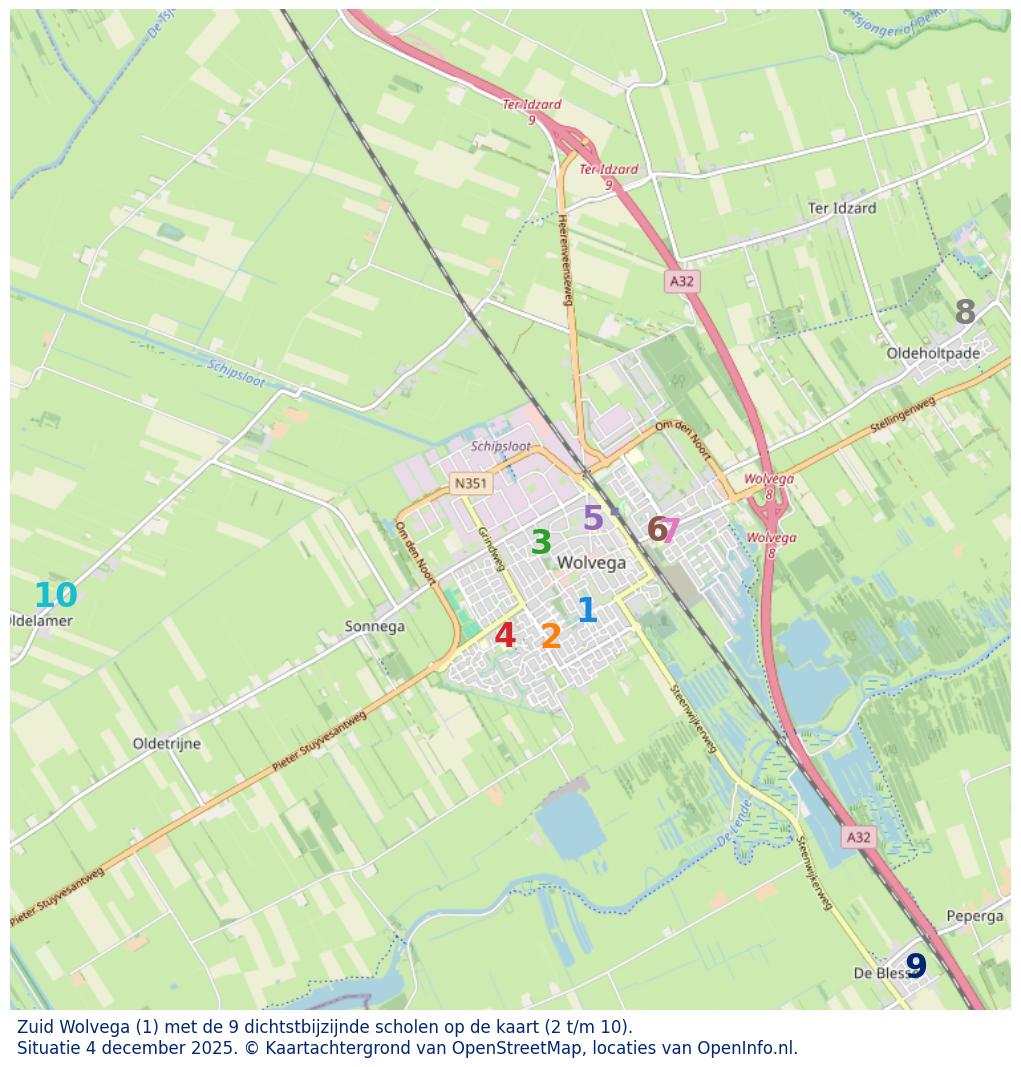 Kaart van de school met de tien dichtsbijzijnde scholen. Hierbij zijn de scholen genummerd van 1 tot en met 10. Nummer 1 is toegekend aan de schoolvestiging zelf: Zuid Wolvega.