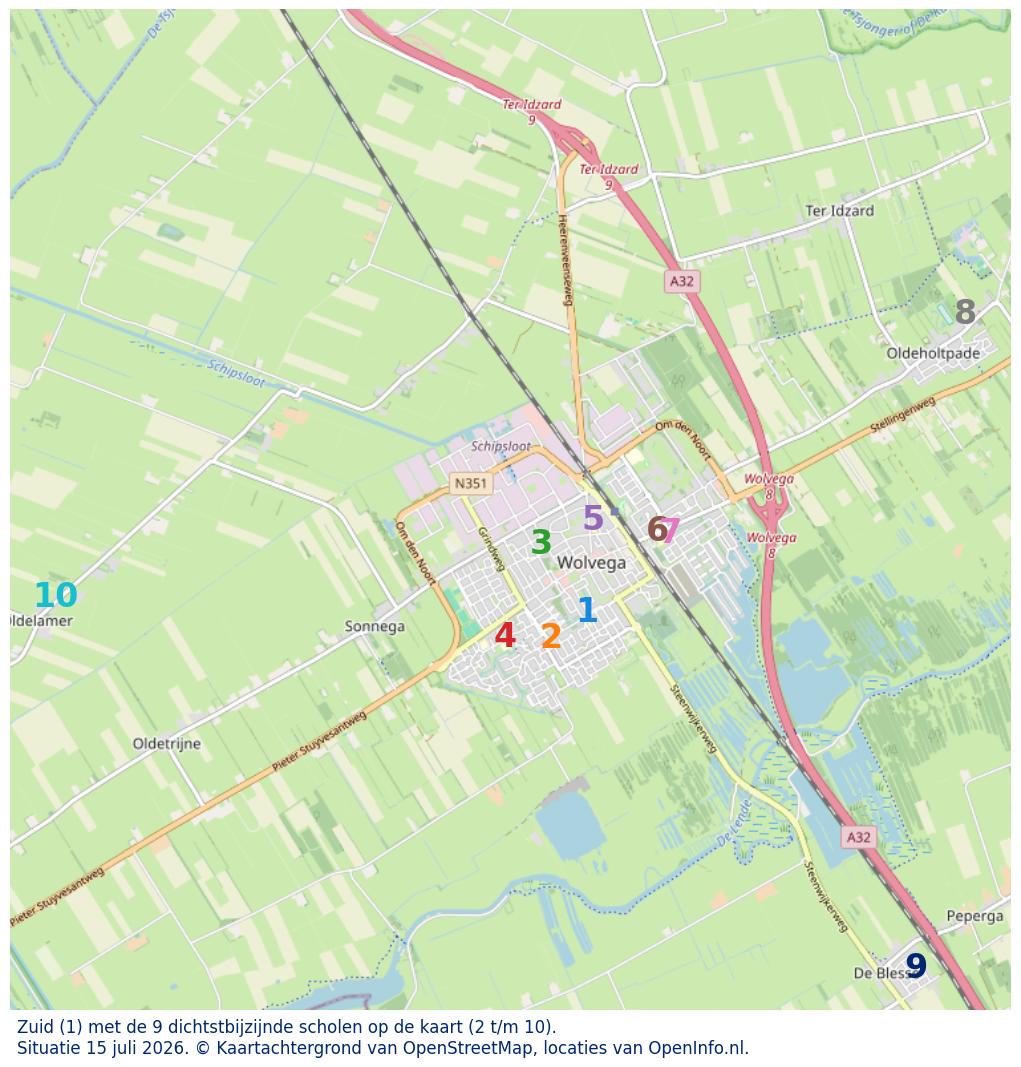 Kaart van de school met de tien dichtsbijzijnde scholen. Hierbij zijn de scholen genummerd van 1 tot en met 10. Nummer 1 is toegekend aan de schoolvestiging zelf: Zuid.