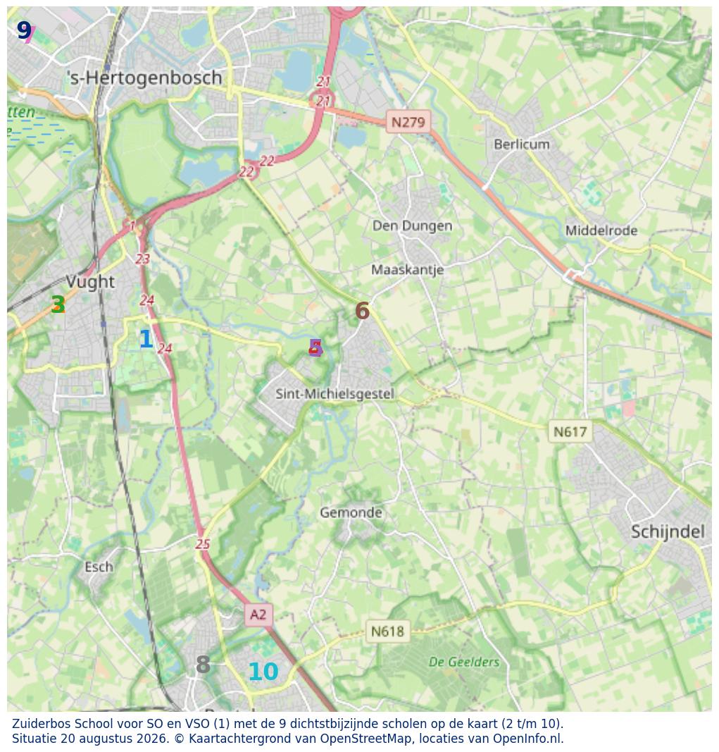 Kaart van de school met de tien dichtsbijzijnde scholen. Hierbij zijn de scholen genummerd van 1 tot en met 10. Nummer 1 is toegekend aan de schoolvestiging zelf: Zuiderbos School voor SO en VSO.