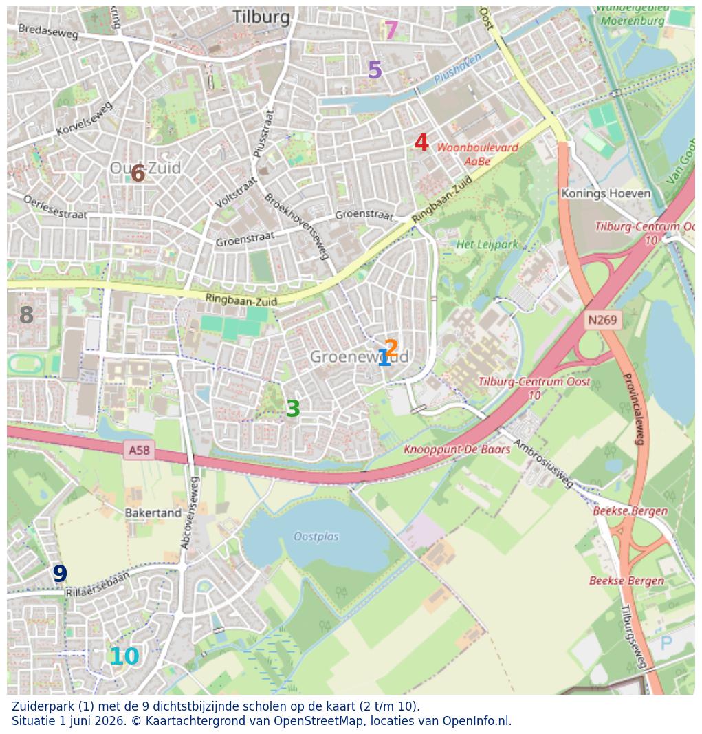 Kaart van de school met de tien dichtsbijzijnde scholen. Hierbij zijn de scholen genummerd van 1 tot en met 10. Nummer 1 is toegekend aan de schoolvestiging zelf: Zuiderpark.