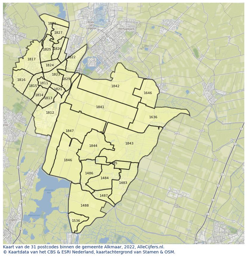 Afbeelding van de postcodes in de gemeente Alkmaar op de kaart.