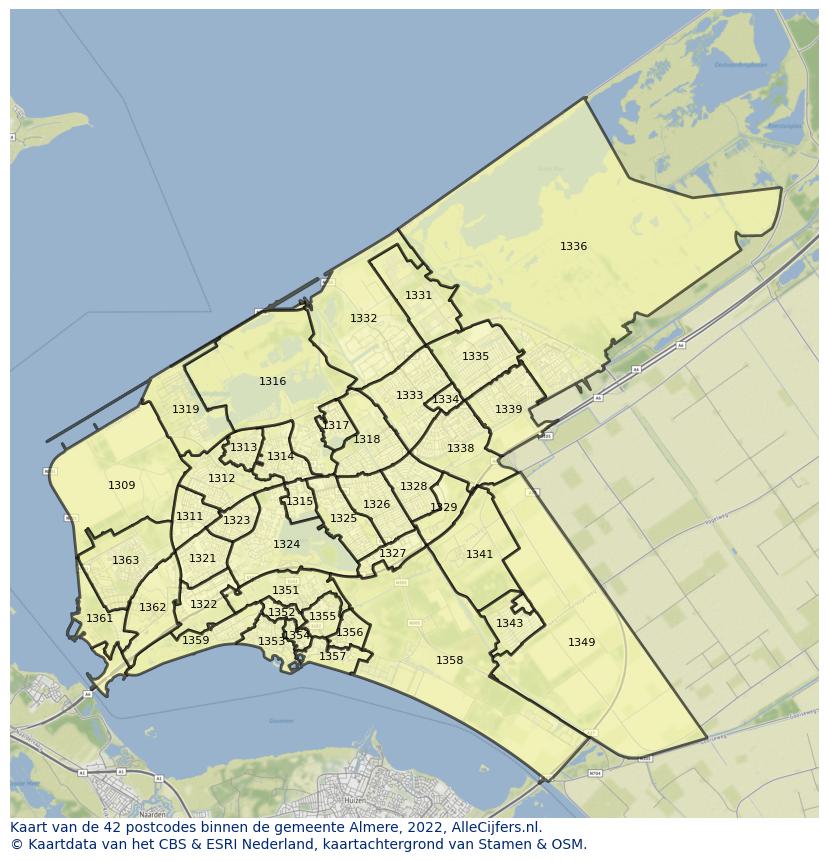Afbeelding van de postcodes in de gemeente Almere op de kaart.