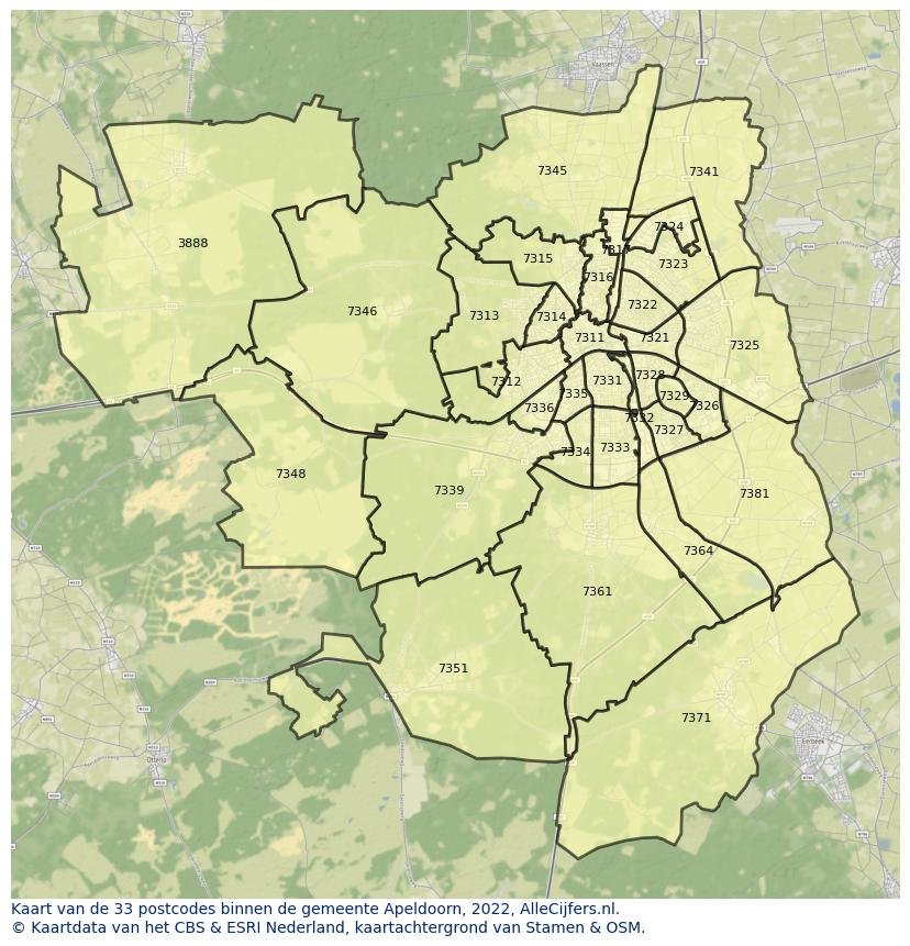 Afbeelding van de postcodes in de gemeente Apeldoorn op de kaart.