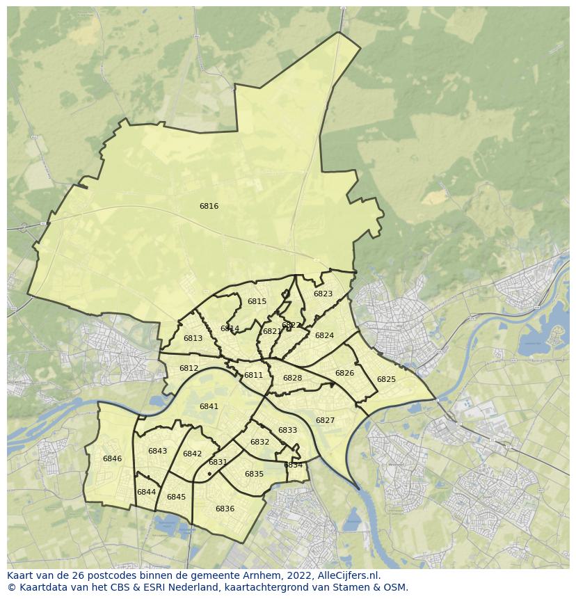 Afbeelding van de postcodes in de gemeente Arnhem op de kaart.
