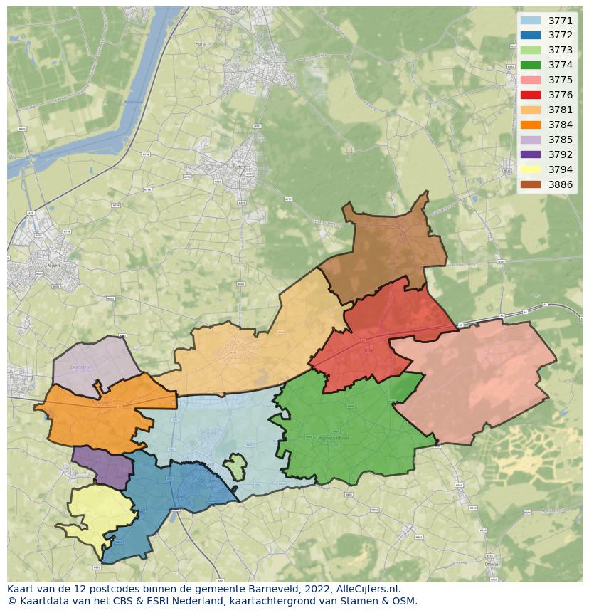 Afbeelding van de postcodes in de gemeente Barneveld op de kaart.
