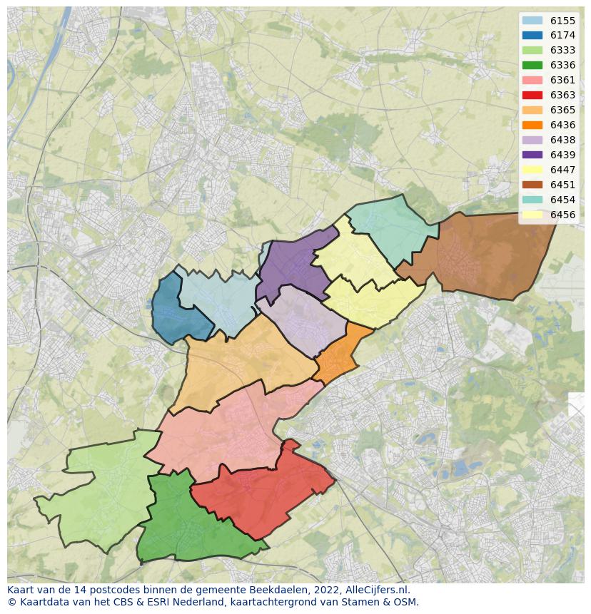 Afbeelding van de postcodes in de gemeente Beekdaelen op de kaart.