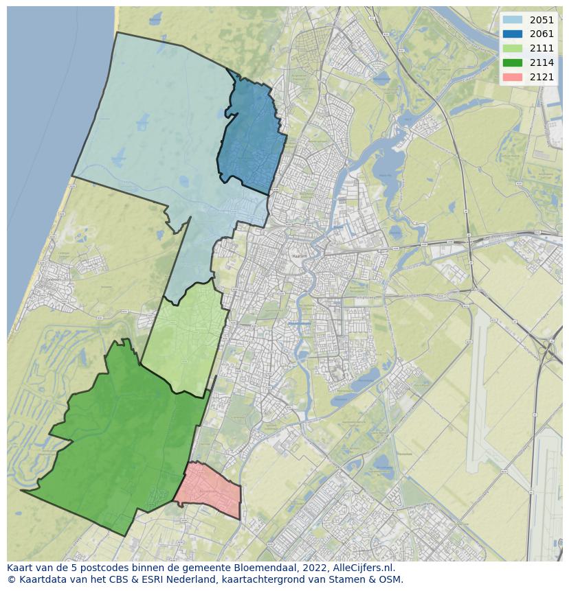 Afbeelding van de postcodes in de gemeente Bloemendaal op de kaart.