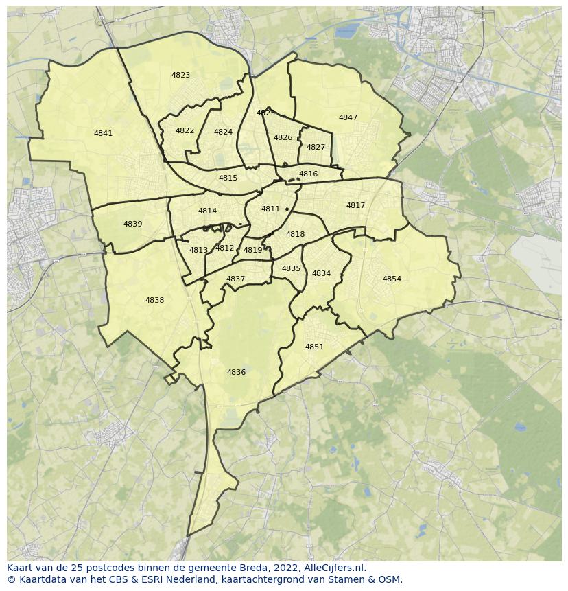 Afbeelding van de postcodes in de gemeente Breda op de kaart.