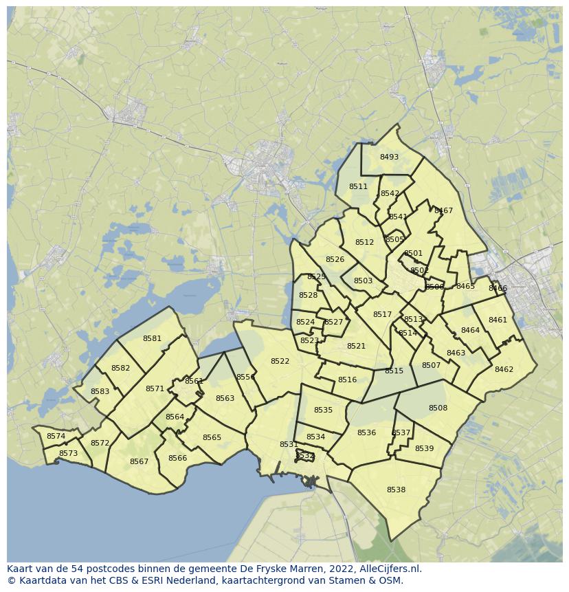 Afbeelding van de postcodes in de gemeente De Fryske Marren op de kaart.