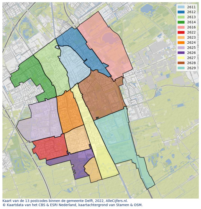 Afbeelding van de postcodes in de gemeente Delft op de kaart.