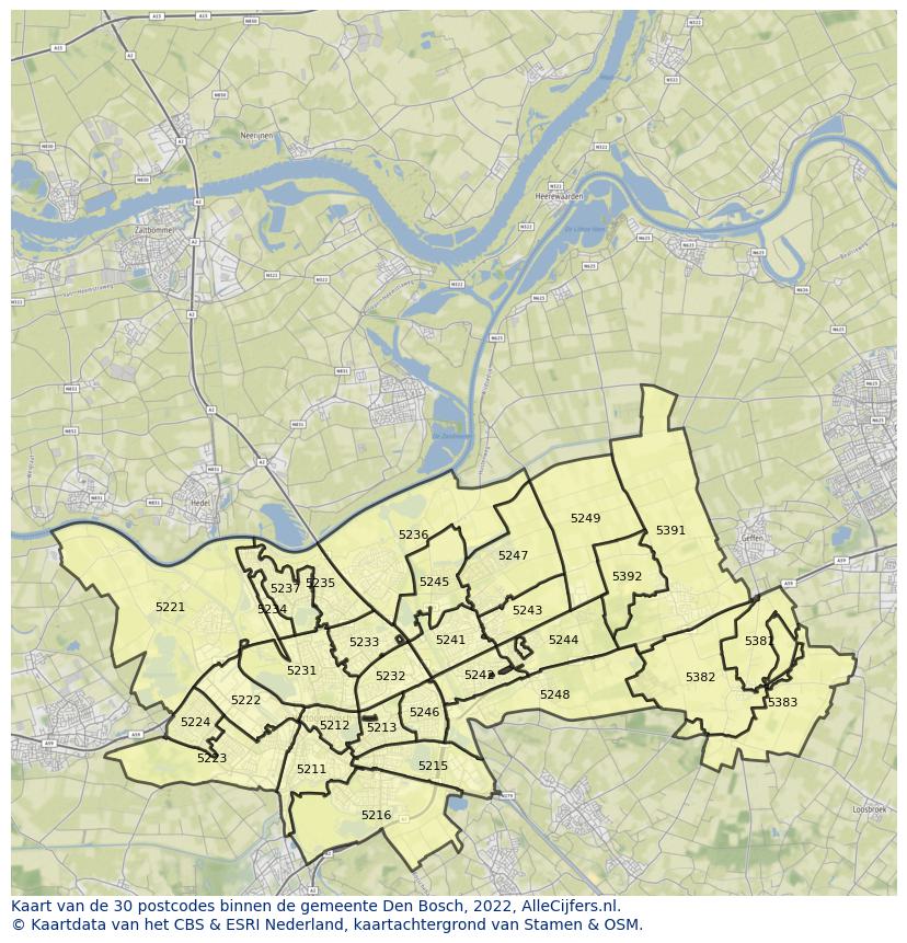 Afbeelding van de postcodes in de gemeente Den Bosch op de kaart.