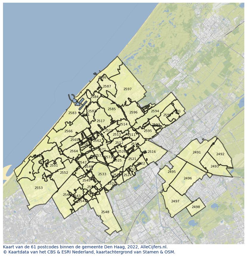 Afbeelding van de postcodes in de gemeente Den Haag op de kaart.
