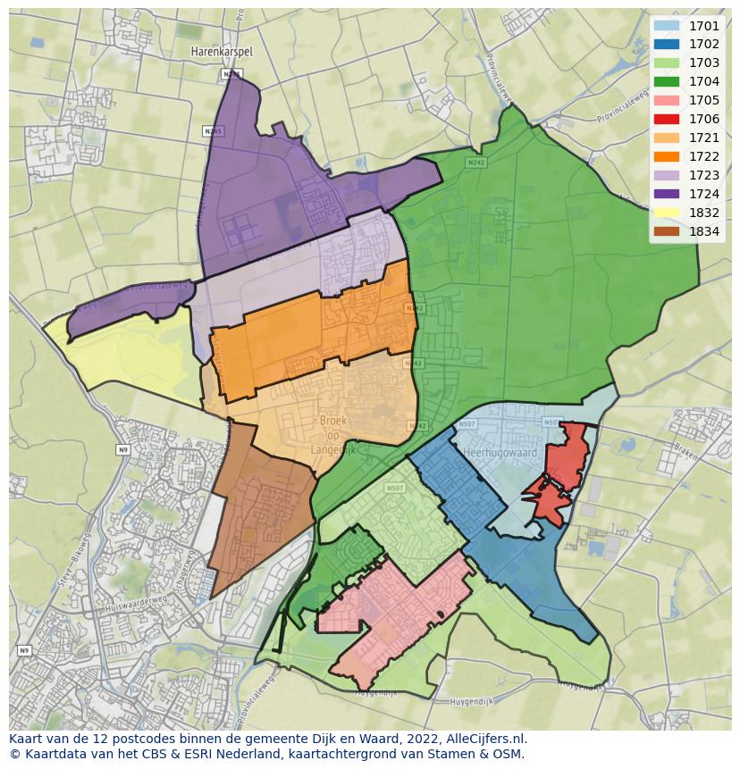 Afbeelding van de postcodes in de gemeente Dijk en Waard op de kaart.