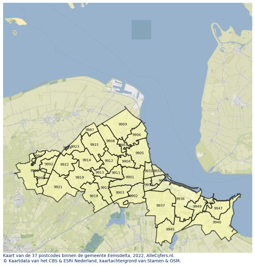 Afbeelding van de postcodes in de gemeente Eemsdelta op de kaart.