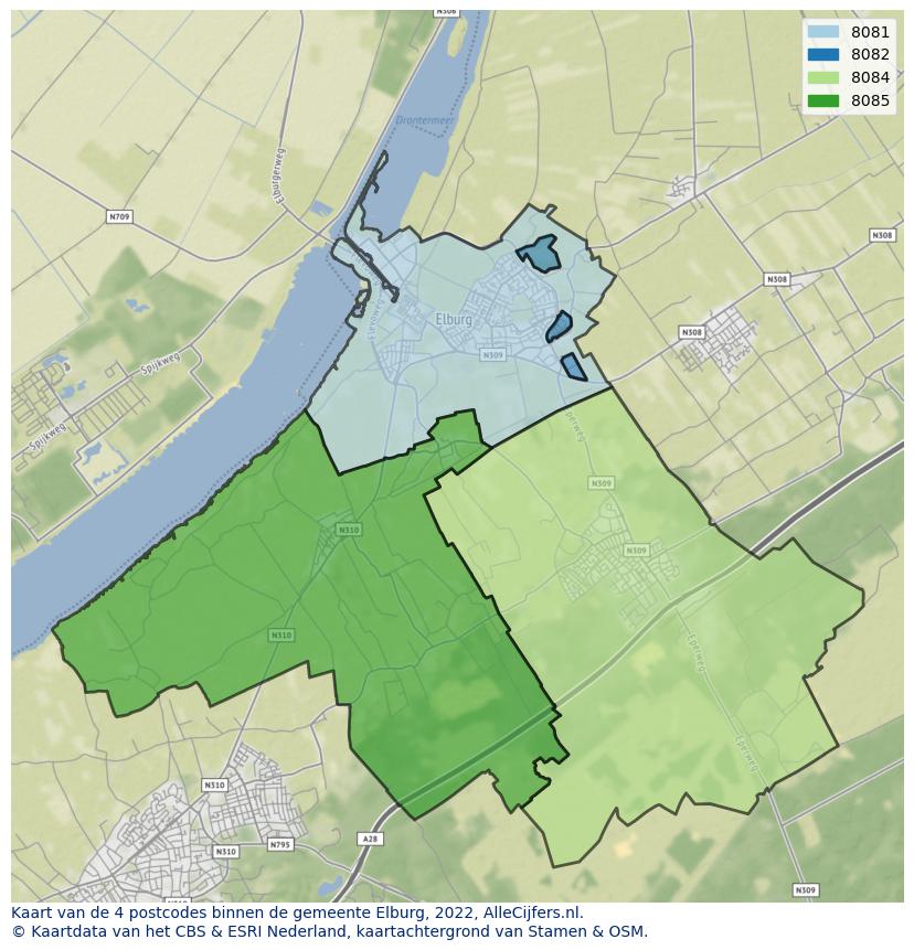 Afbeelding van de postcodes in de gemeente Elburg op de kaart.