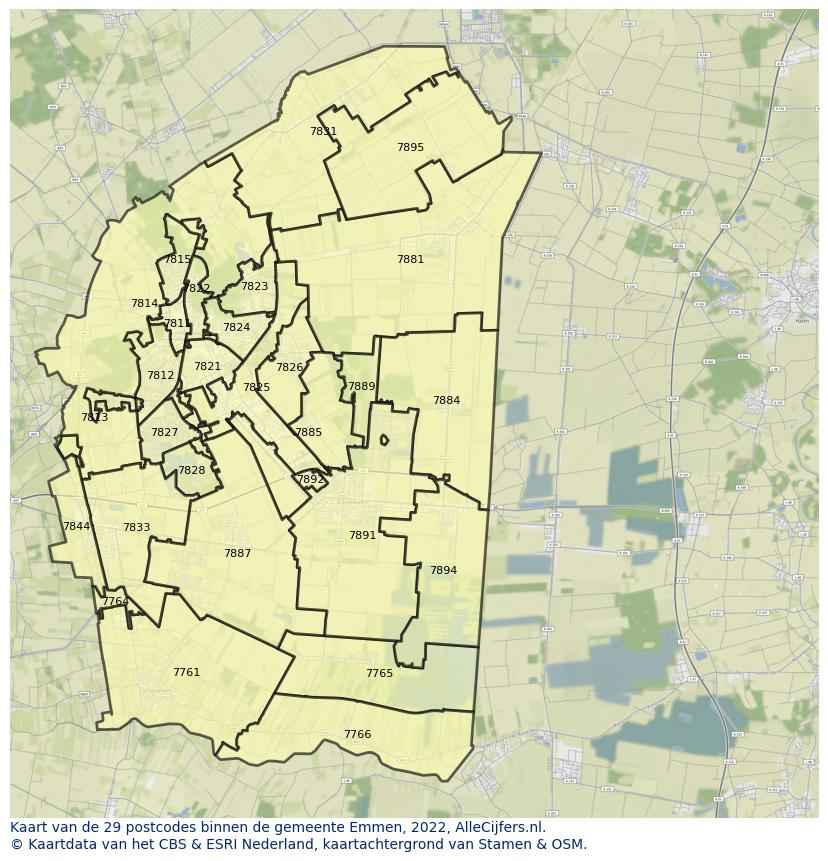 Afbeelding van de postcodes in de gemeente Emmen op de kaart.