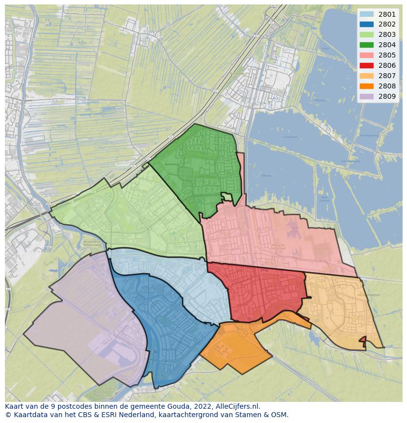 Afbeelding van de postcodes in de gemeente Gouda op de kaart.