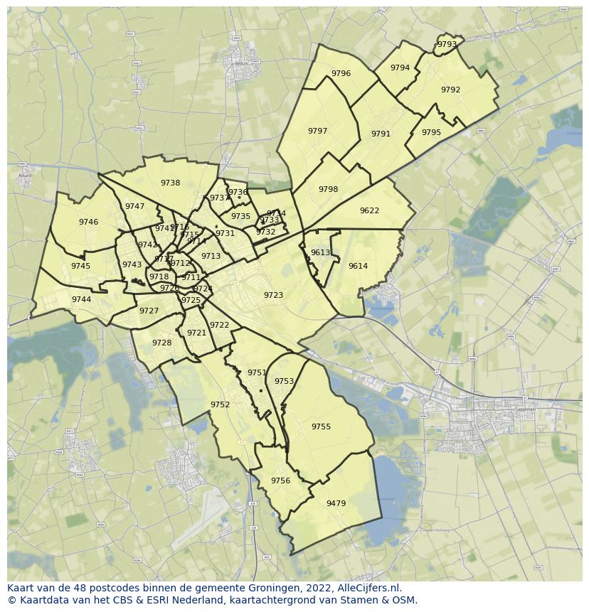 Afbeelding van de postcodes in de gemeente Groningen op de kaart.