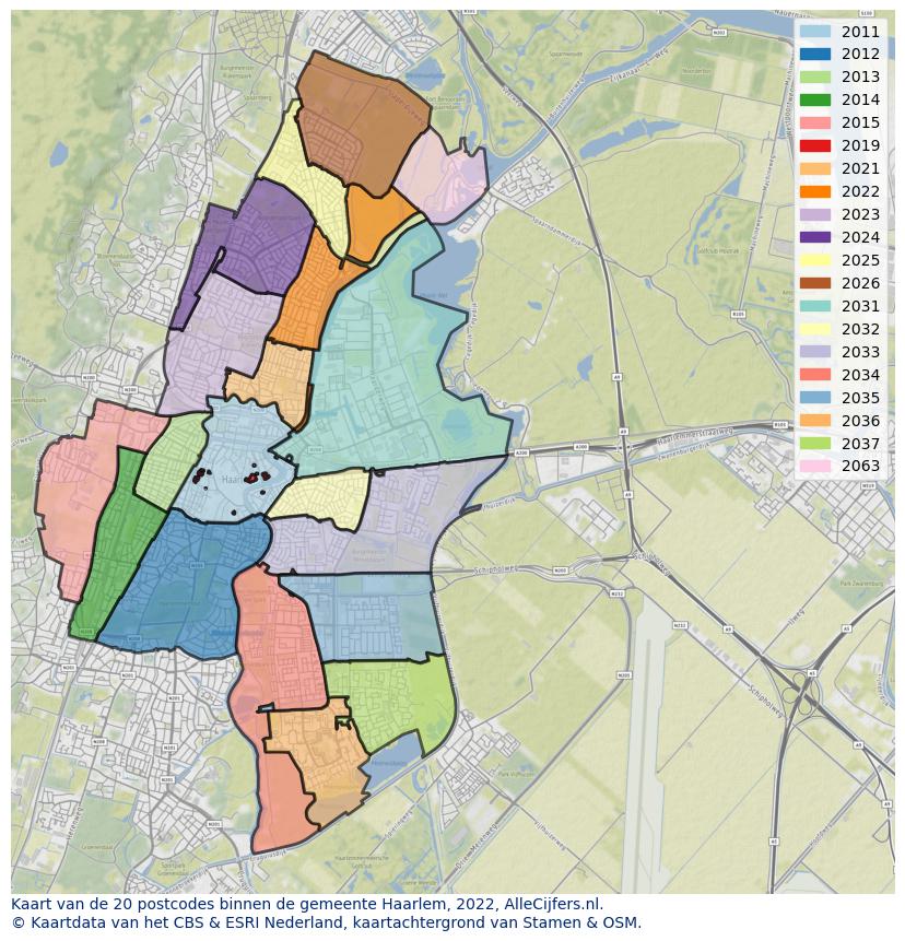 Afbeelding van de postcodes in de gemeente Haarlem op de kaart.