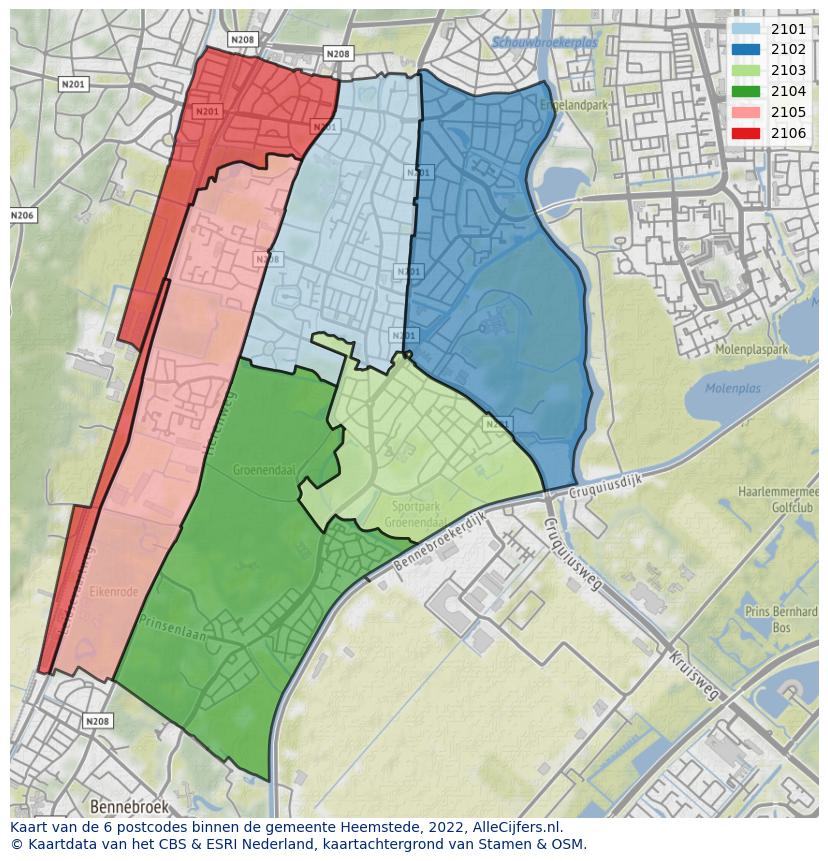 Afbeelding van de postcodes in de gemeente Heemstede op de kaart.