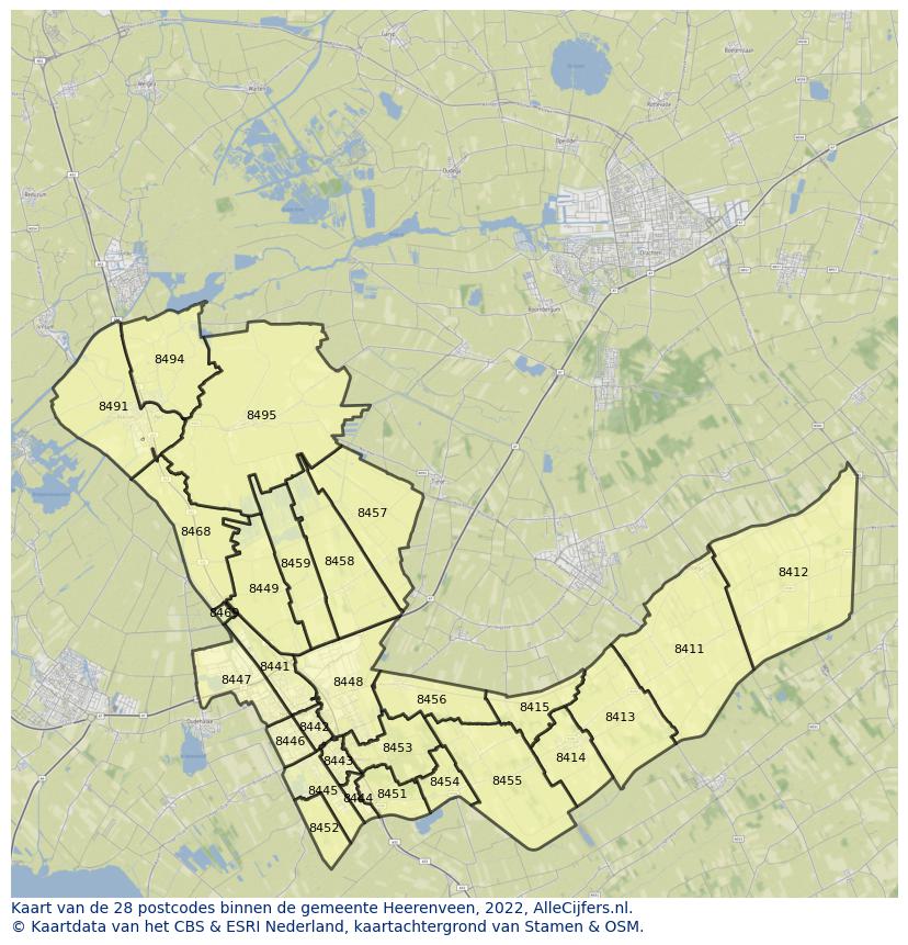 Afbeelding van de postcodes in de gemeente Heerenveen op de kaart.