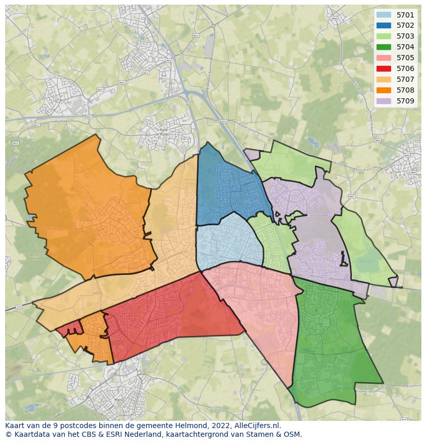 Afbeelding van de postcodes in de gemeente Helmond op de kaart.