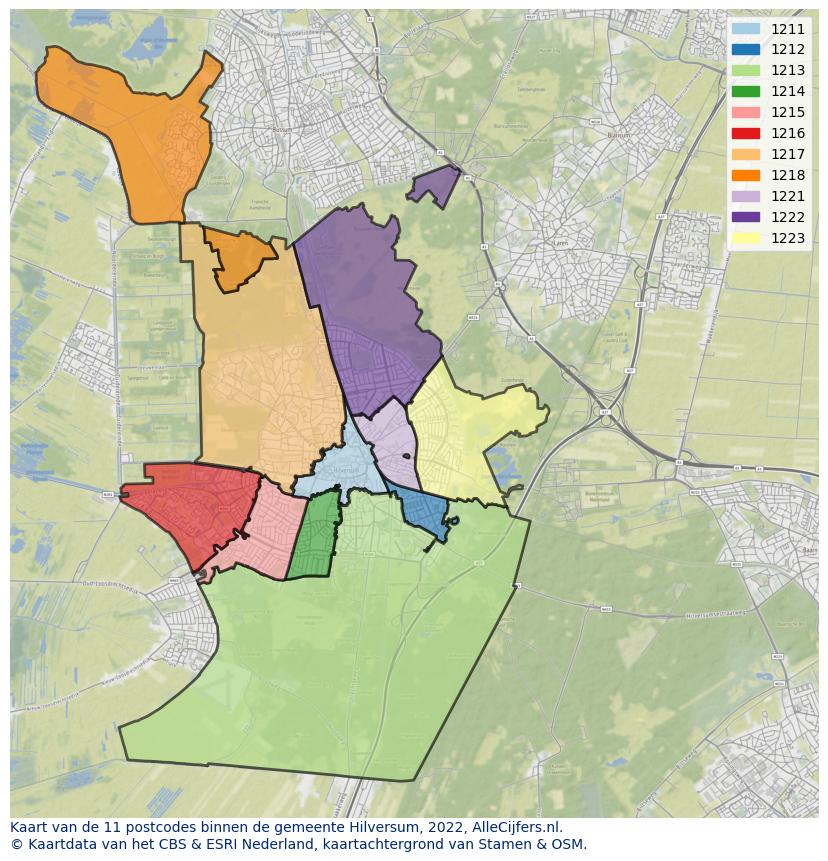 Afbeelding van de postcodes in de gemeente Hilversum op de kaart.