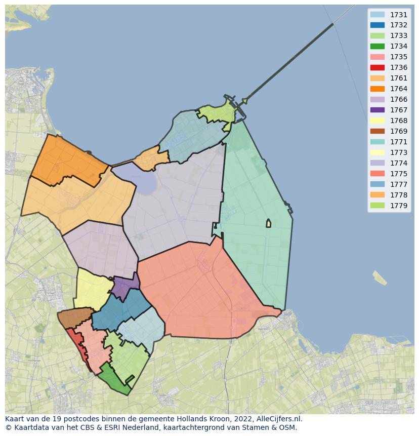 Afbeelding van de postcodes in de gemeente Hollands Kroon op de kaart.