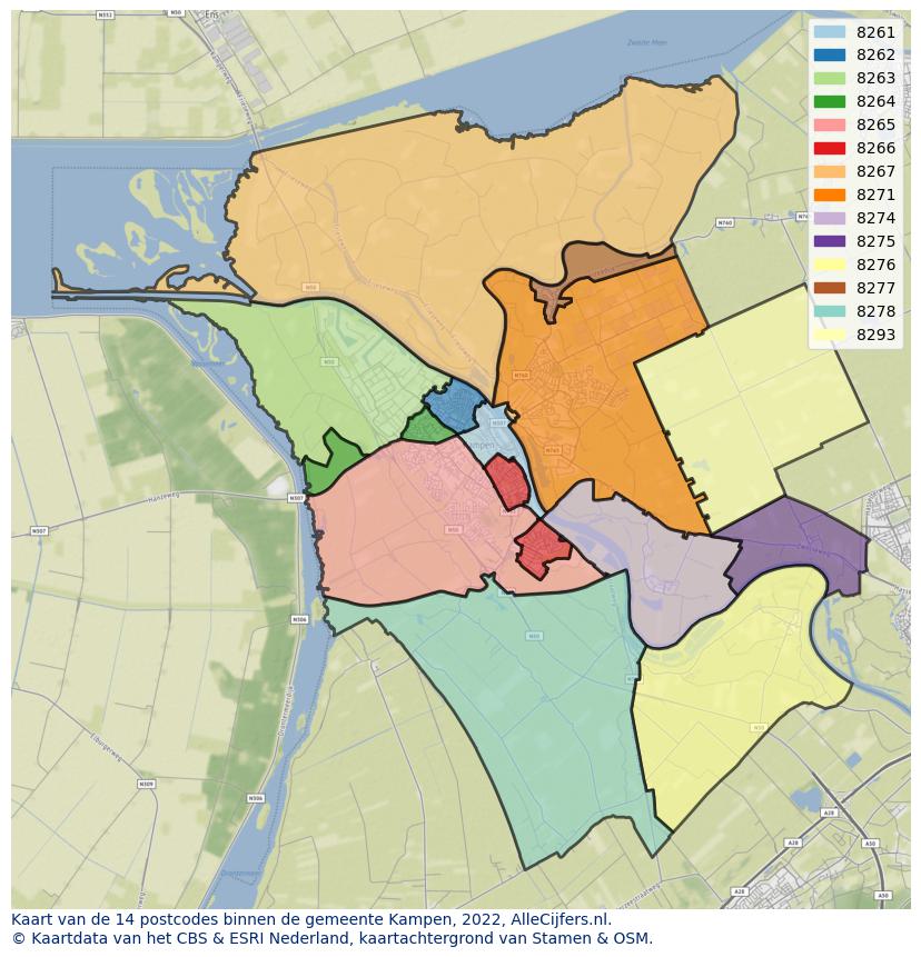 Afbeelding van de postcodes in de gemeente Kampen op de kaart.