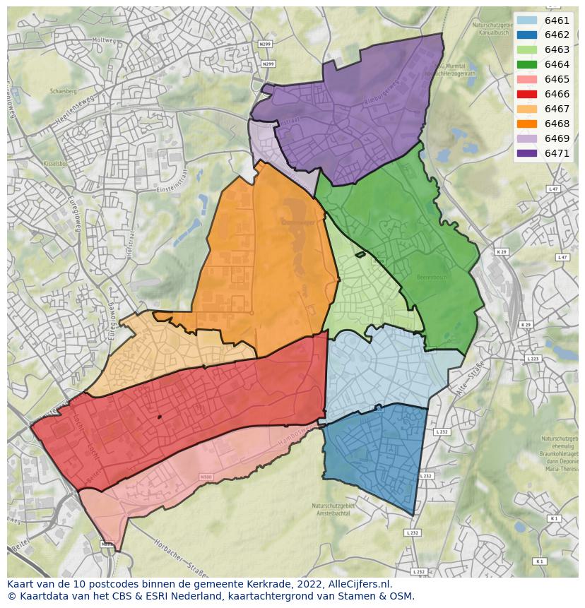 Afbeelding van de postcodes in de gemeente Kerkrade op de kaart.