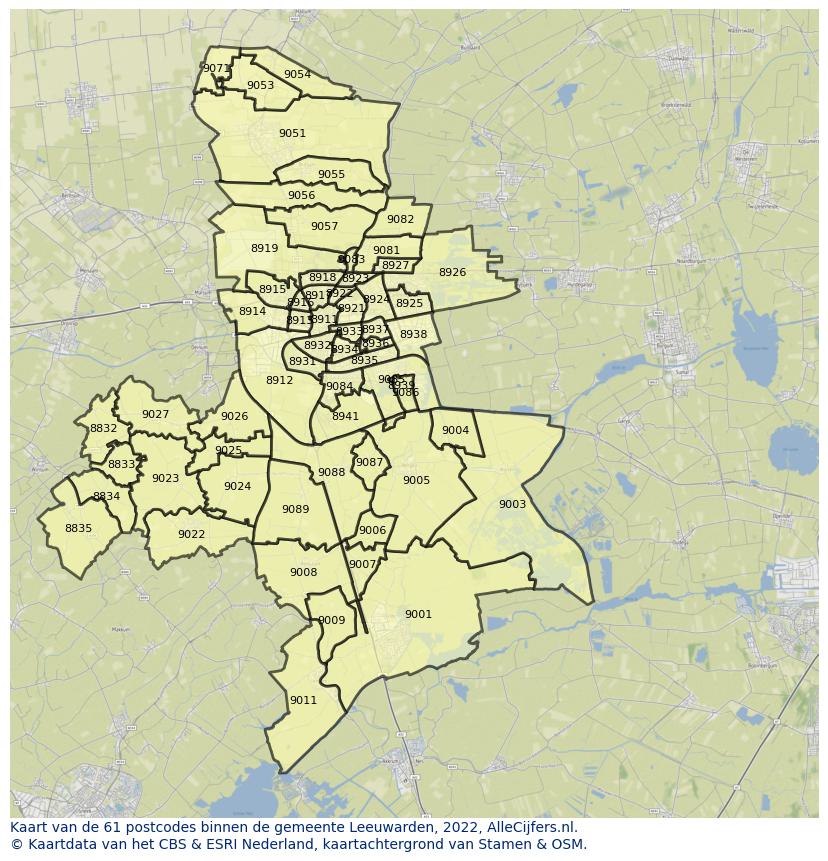 Afbeelding van de postcodes in de gemeente Leeuwarden op de kaart.