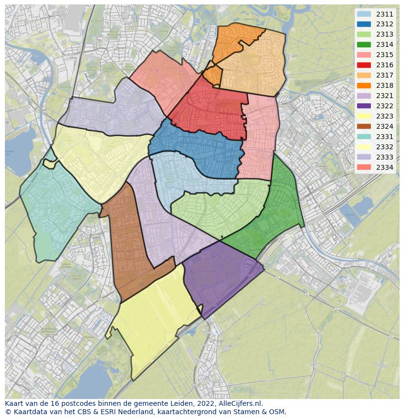 Afbeelding van de postcodes in de gemeente Leiden op de kaart.