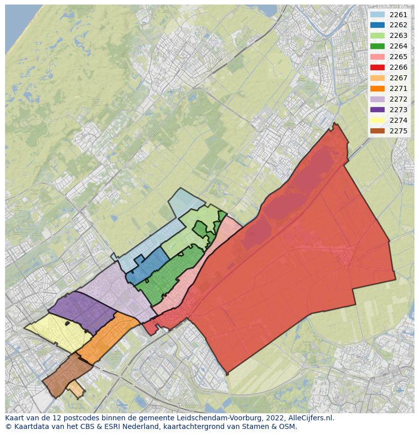 Afbeelding van de postcodes in de gemeente Leidschendam-Voorburg op de kaart.