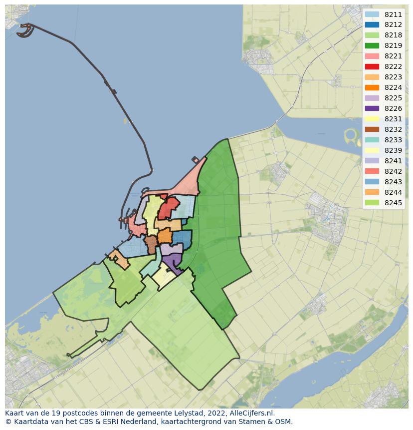 Afbeelding van de postcodes in de gemeente Lelystad op de kaart.