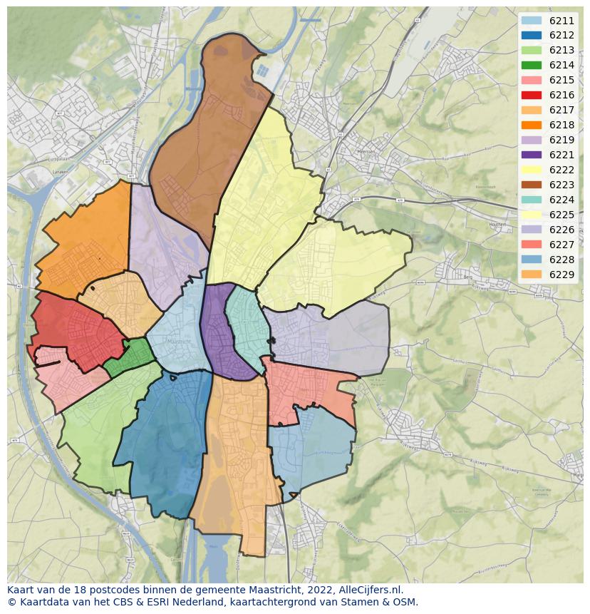 Afbeelding van de postcodes in de gemeente Maastricht op de kaart.