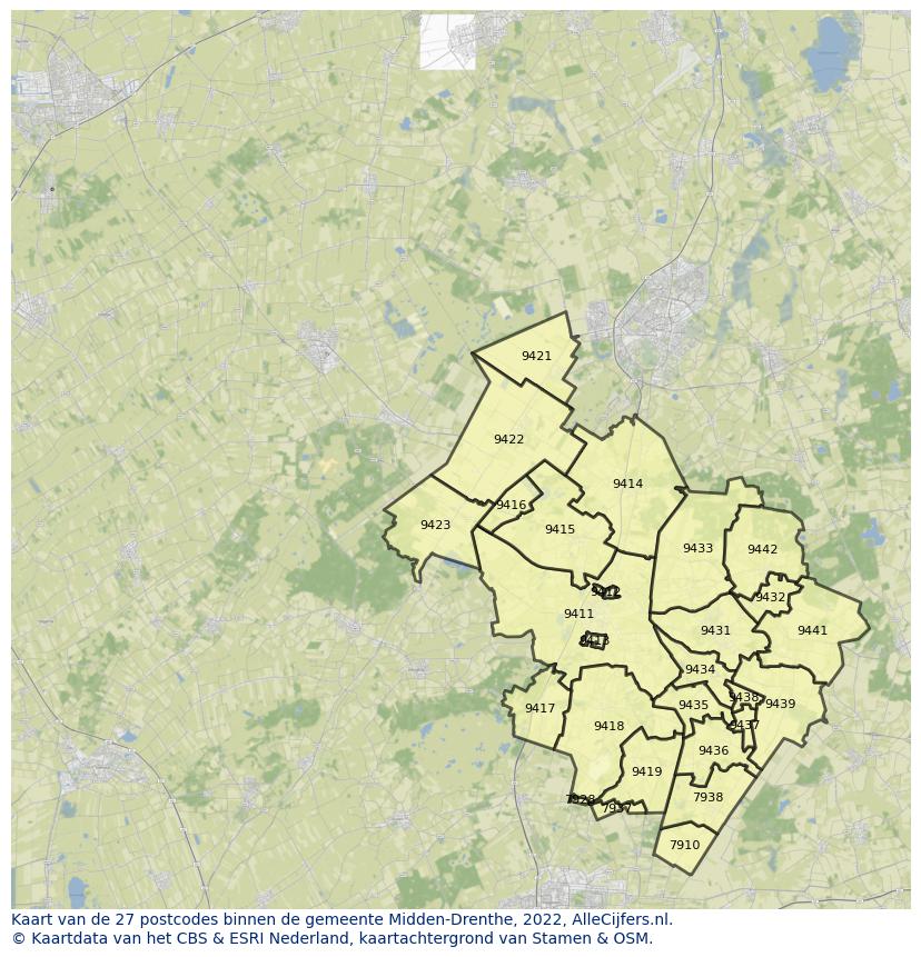 Afbeelding van de postcodes in de gemeente Midden-Drenthe op de kaart.