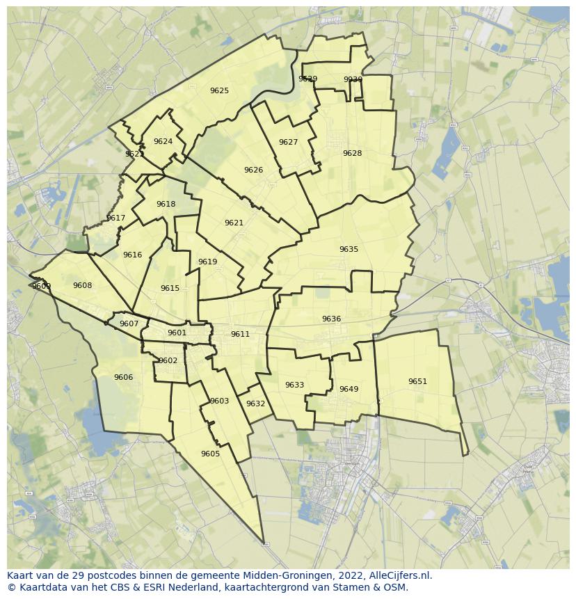 Afbeelding van de postcodes in de gemeente Midden-Groningen op de kaart.