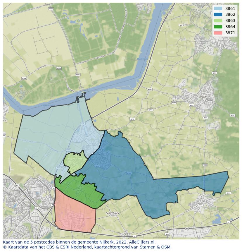 Afbeelding van de postcodes in de gemeente Nijkerk op de kaart.