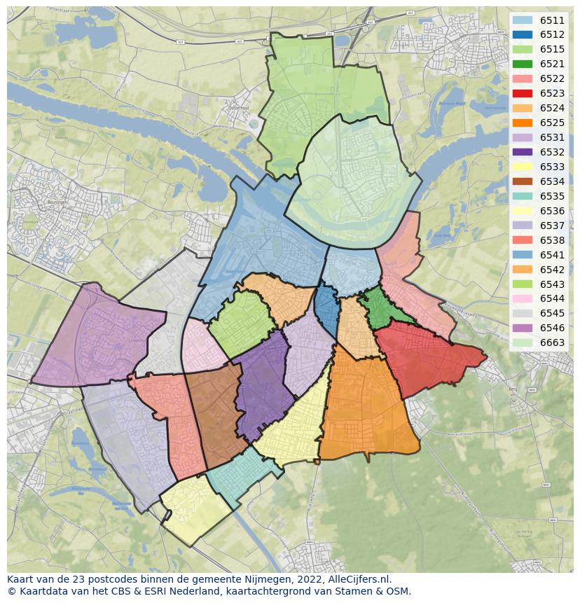 Afbeelding van de postcodes in de gemeente Nijmegen op de kaart.