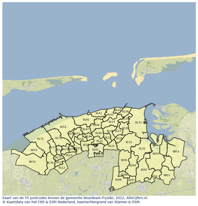Afbeelding van de postcodes in de gemeente Noardeast-Fryslân op de kaart.