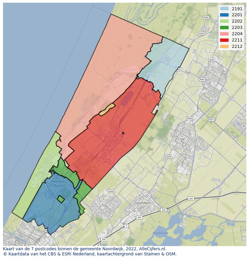 Afbeelding van de postcodes in de gemeente Noordwijk op de kaart.